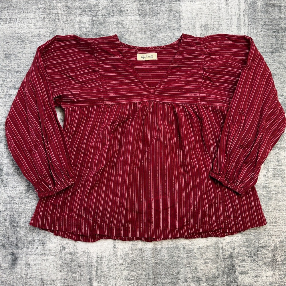 Madewell Top Womens Medium Swingy Peasant Blouse‎ Red Metallic Stripe Flowy Boho